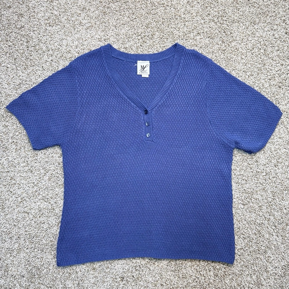 VTG 90s Maggie Lawrence  Womens Large Blue Cotton Knit Henley Sweater Shirt USA